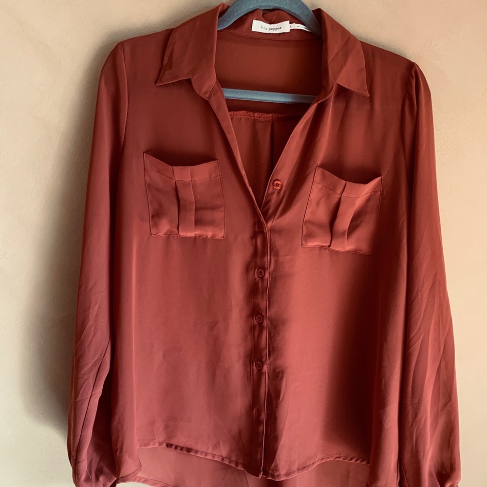 Semi sheer rust colored crepe blouse
